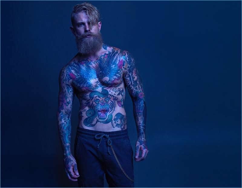 Showing off his tattoos, Josh Mario John connects with Macson for fall-winter 2017.