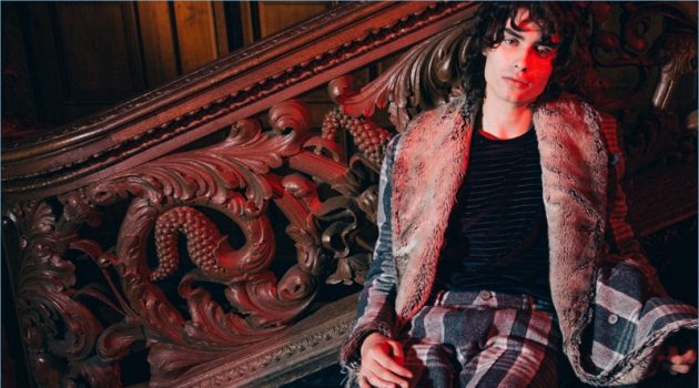 Model Quincy Saunders wears a check look from Matiere's fall-winter 2017 collection.