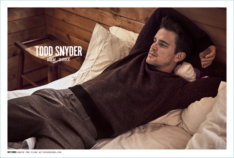 Relaxing in bed, Matt Bomer fronts Todd Snyder's fall-winter 2017 campaign.