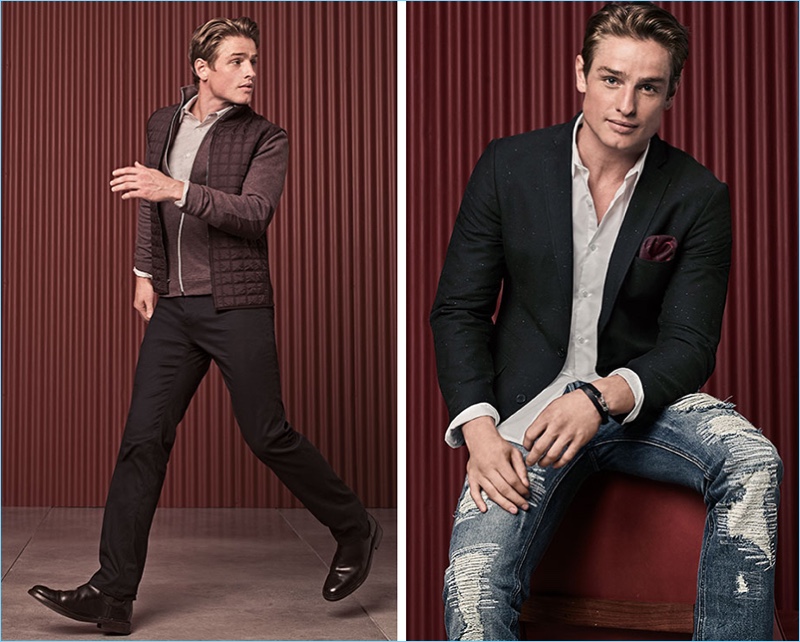 Left: Patrick O'Donnell wears a Perry Ellis look. He sports a quilted vest $79.50, heathered jacket $89.50, dress shirt $69.50 and stretch pants $59.50. Right: The English model wears an INC International Concepts slim-fit blazer $129.50 with a shirt $59.50, and ripped jeans $79.50.