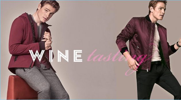 Wine Tasting: Macy's Curates Burgundy Styles for Fall Macy's makes a case for burgundy style. Left: Patrick O'Donnell wears Calvin Klein soft-shell jacket. Right: The English model wears an INC International Concepts bomber jacket.
