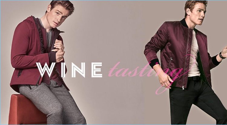 Macy's makes a case for burgundy style. Left: Patrick O'Donnell wears Calvin Klein soft-shell jacket. Right: The English model wears an INC International Concepts bomber jacket.