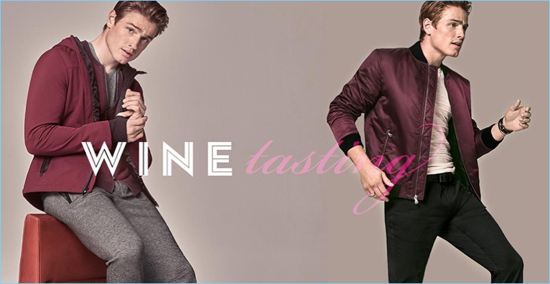 Macy's makes a case for burgundy style. Left: Patrick O'Donnell wears Calvin Klein soft-shell jacket. Right: The English model wears an INC International Concepts bomber jacket.