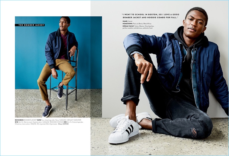 Heading into fall, Nordstrom proposes essentials like the bomber jacket. Left: Model Hamid Onifade wears a Bonobos bomber jacket $298 and henley sweater $118. Hamid also wears Bonobos chinos $98 and To Boot New York sneakers $350. Right: Hamid sports a Bonobos bomber jacket $298 with a Reigning Champ french terry hoodie $145, Frame jeans $235, and Adidas Stan Smith sneakers $74.95.