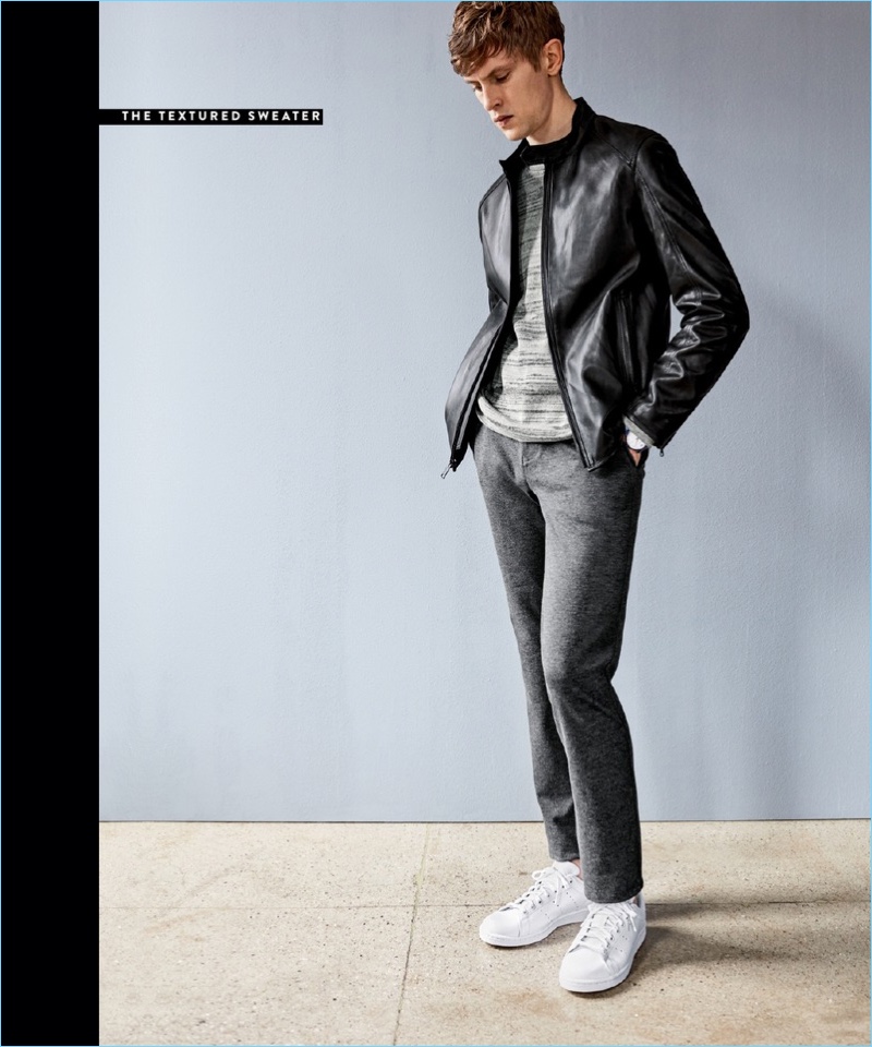 Making a case for the textured sweater, Mathias Lauridsen wears a Calibrate knit $69.50. The Danish model also sports Calibrate knit pants $89.50 with a leather jacket $399. Mathias' look is complete with Adidas Stan Smith sneakers $74.95.