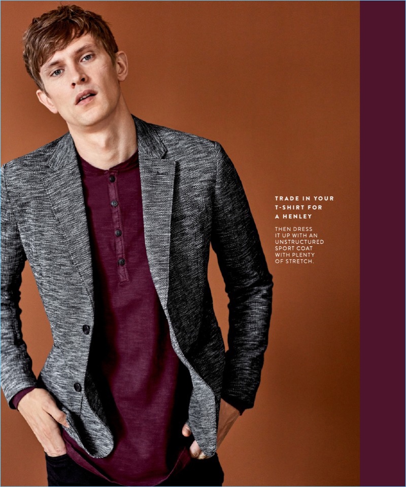Nordstrom proposes a Good Man Brand henley $98 as an alternative to the t-shirt. Mathias Lauridsen also wears a Good Man Brand vintage herringbone knit blazer $298 and Levi's jeans $69.50.