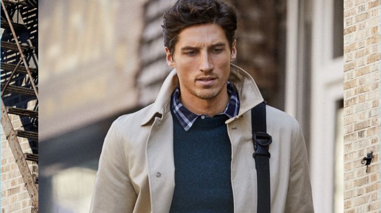 New School: Ivy league style is front and center with an A.P.C. mac coat $515 and Theory cropped trousers $245. Completing his look, Ryan Kennedy also wears a Lemaire sweater $520 and Officine Generale shirt $300. Carrying a Buddy nylon tote $205, Ryan wears a Nixon watch $70 as well.