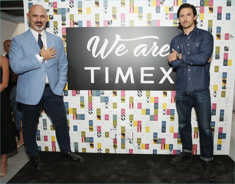 Timex senior vice president of boutique business unit Silvio Leonardi poses for pictures with Milo Ventimiglia. 