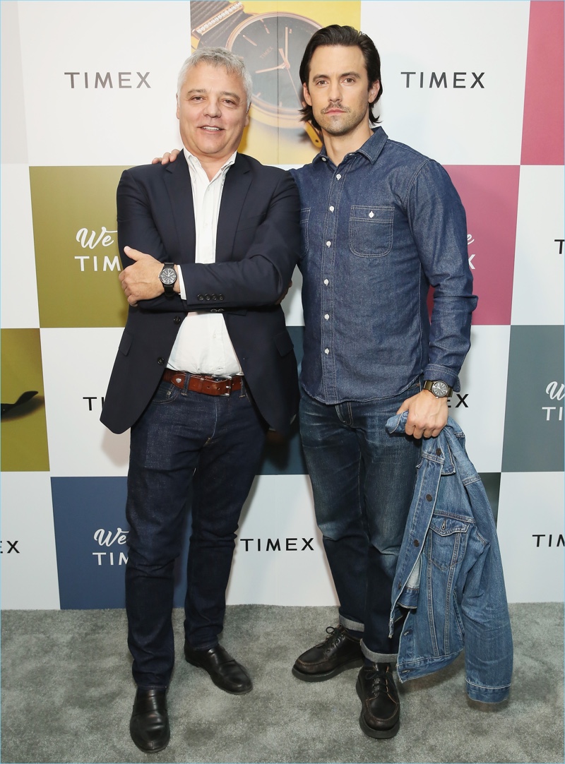 Coming together in New York, Timex design director Giorgio Galli poses for pictures with Milo Ventimiglia.