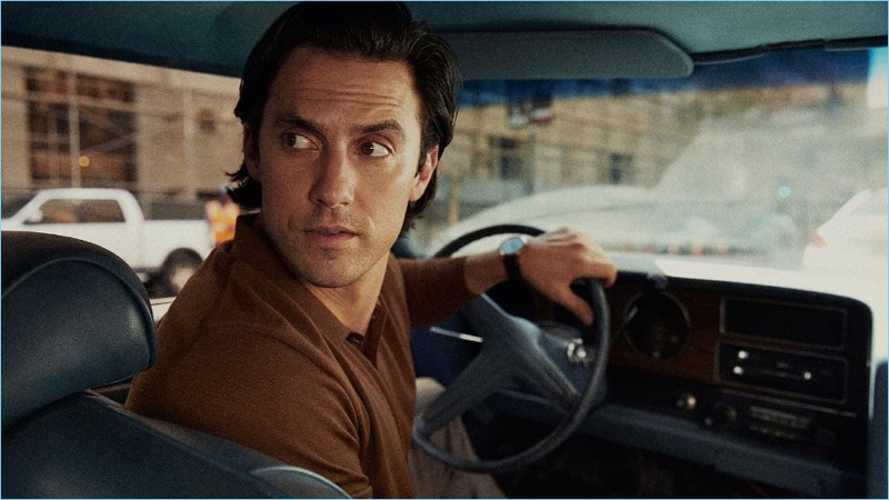 Milo Ventimiglia wears a Prada knit polo $930 shirt with a Piaget watch $23,800.