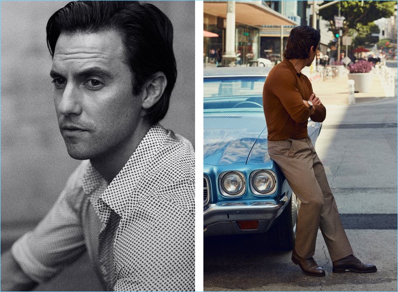 Left: Milo Ventimiglia wears a Paul Smith paisley print shirt. Right: Ventimiglia sports a Prada knit polo $930 shirt with a Piaget watch $23,800. He also wears Bottega Veneta trousers $690 and Edward Green leather boots.