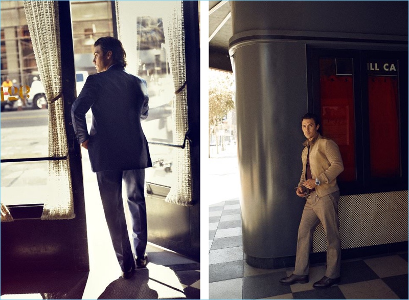 Left: Milo Ventimiglia wears a Tom Ford suit jacket and trousers. Right: Ventimiglia dons a Tom Ford jacket and Prada t-shirt. The actor also sports Bottega Veneta trousers, Edward Green leather boots, and a Piaget watch.