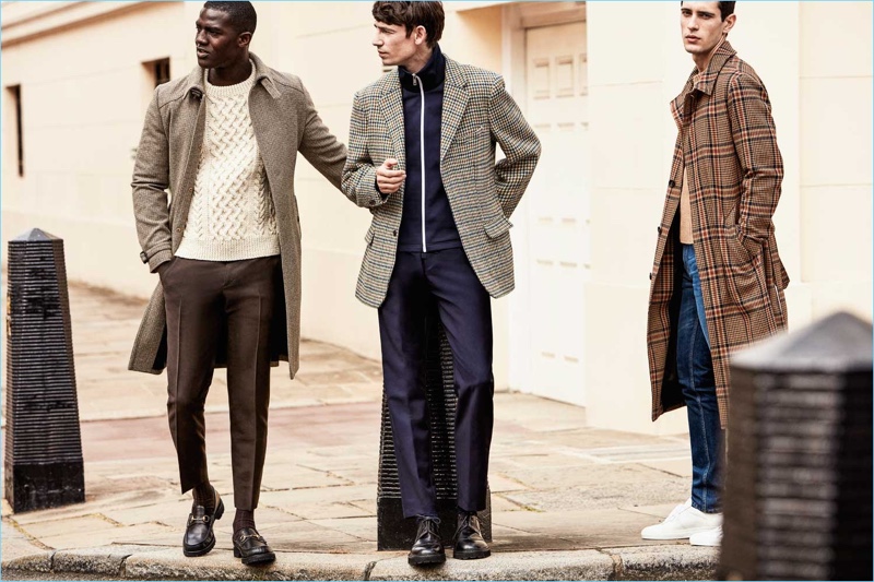 Heritage Fabrics: Mr Porter champions classic fabrics. Left to Right: Prada wool coat and trousers with a Connolly sweater. Raf Simons houndstooth wool blazer, Prada track jacket, and Acne Studios drawstring trousers. AMI check wool-blend coat, Saint Laurent sweater and denim jeans.