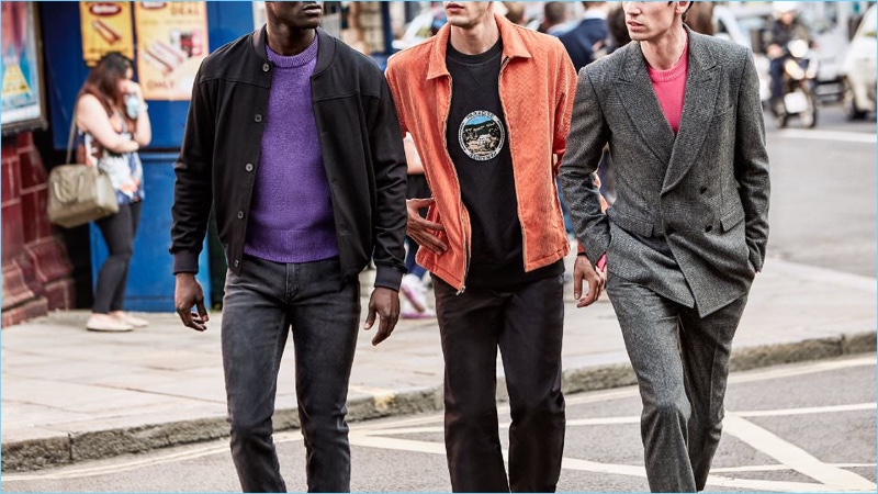 Add a pop of color to your fall wardrobe with these effortless options. Left to Right: McQ Alexander McQueen bomber jacket, AMI sweater, and Valentino denim jeans. Noon Goons corduroy jacket, Lanvin sweatshirt, and Joseph chinos. Gucci wool-blend sweater and Alexander McQueen double-breasted suit.