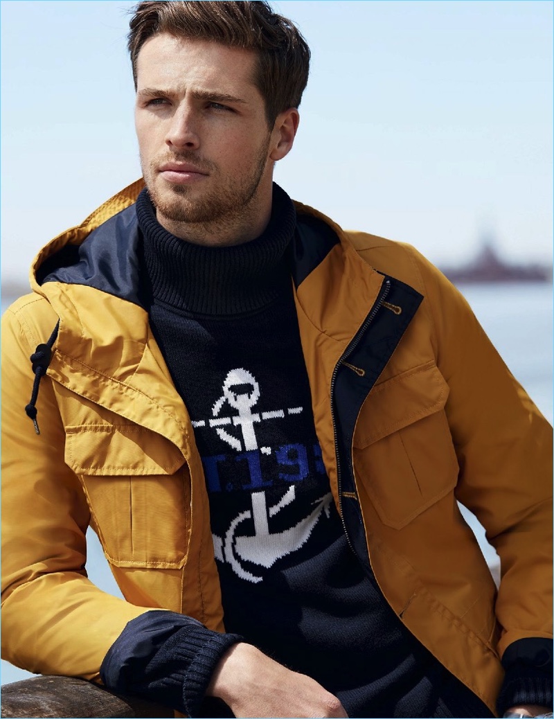 Edward Wilding sports a yellow jacket for Nautica's fall-winter 2017 campaign.