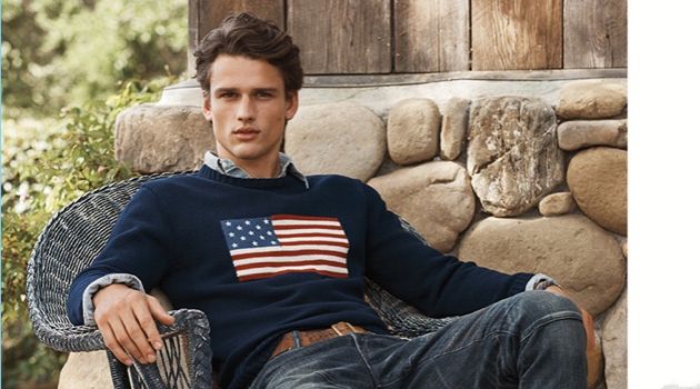 Discover POLO Ralph Lauren's Iconic Fashions Simon Nessman relaxes in POLO Ralph Lauren's iconic flag sweater $225. He also wears the label's Sullivan slim stretch jeans $198.
