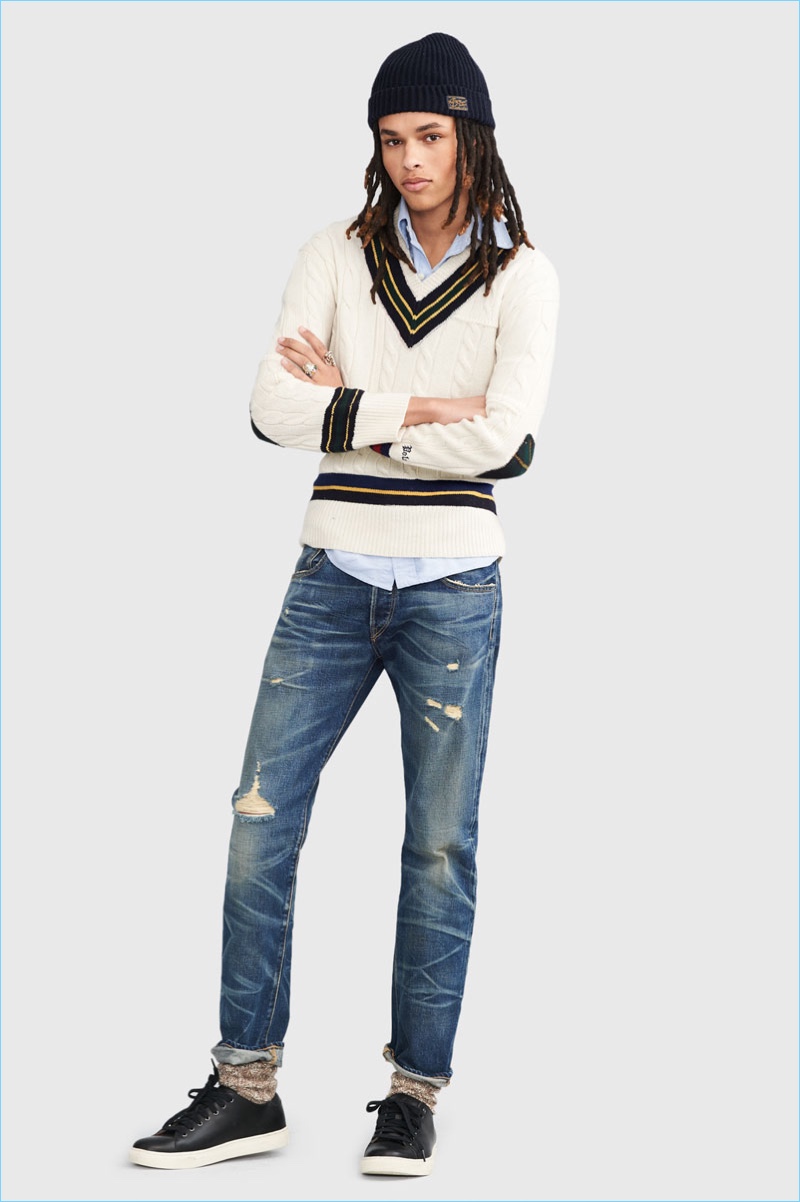 Offering a young spin on preppy, Don Lee wears POLO Ralph Lauren's iconic cricket sweater $295 with distressed denim jeans and a knit beanie.