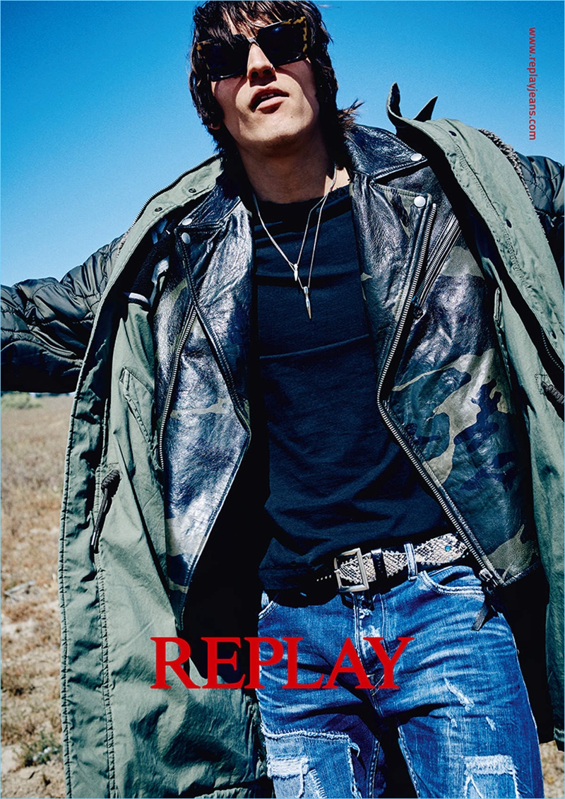 A cool vision, Leebo Freeman layers with a leather biker jacket and parka for Replay's fall-winter 2017 campaign.