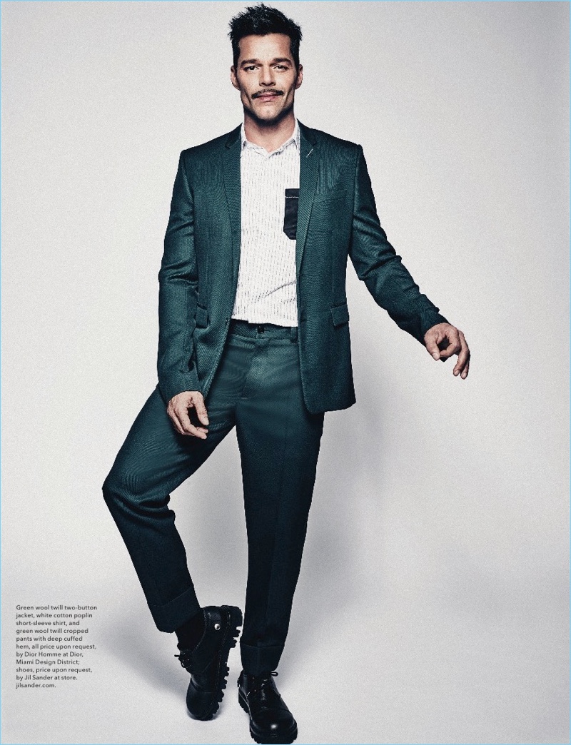 Embracing green, Ricky Martin sports a suiting look from Dior Homme with Jil Sander shoes.