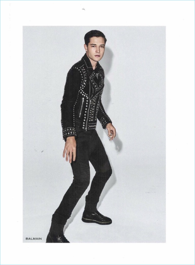 Francisco Lachowski rocks a black studded look by Balmain.