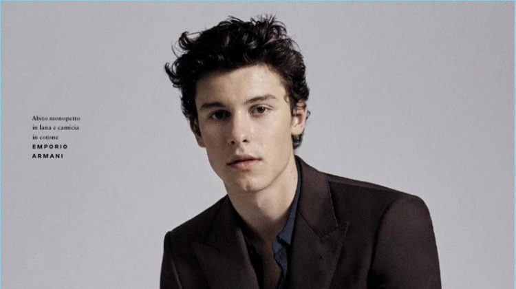 Connecting with GQ Italia, Shawn Mendes wears a sleek shirt and suit from Emporio Armani.