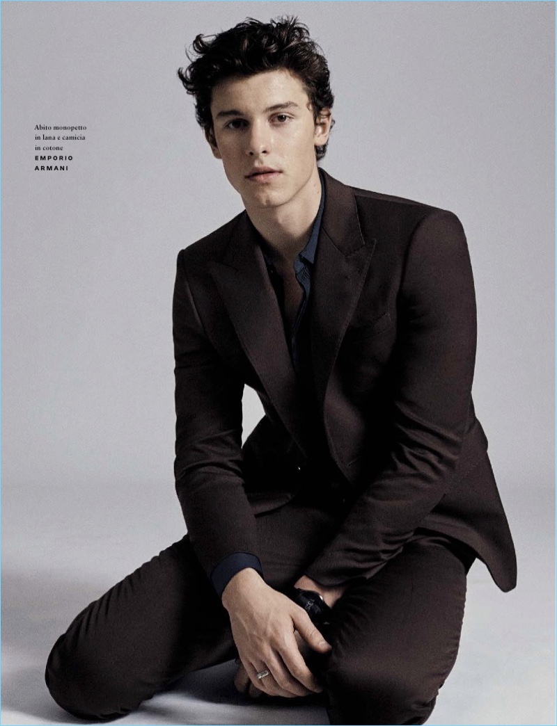 Connecting with GQ Italia, Shawn Mendes wears a sleek shirt and suit from Emporio Armani.