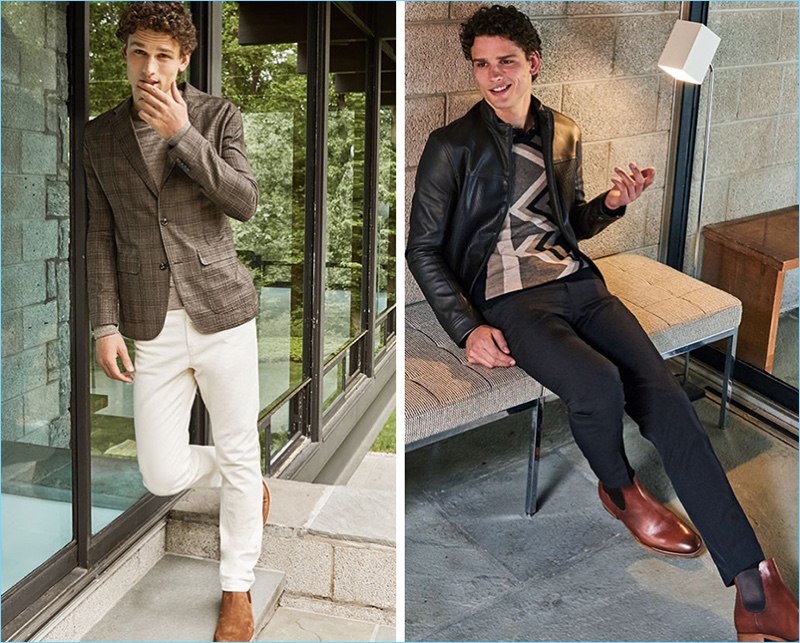 Left: Embracing smart style, Simon Nessman wears a Michael Kors check blazer $298 and sweater $98. Right: Simon charms in an Alfani geometric cashmere blend sweater $99, chevron polo $50, and flat-front pants $34.98.