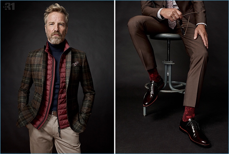 Layering for fall, Rainer Andreesen wears a wool jacket, turtleneck, quilted vest, and stretch chinos by LE 31.