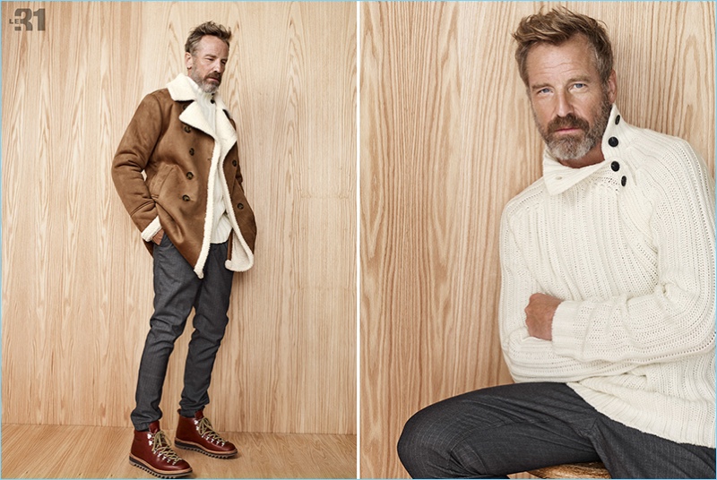 Ready for fall, Rainer Andreesen wears a shearling jacket with a turtleneck sweater.