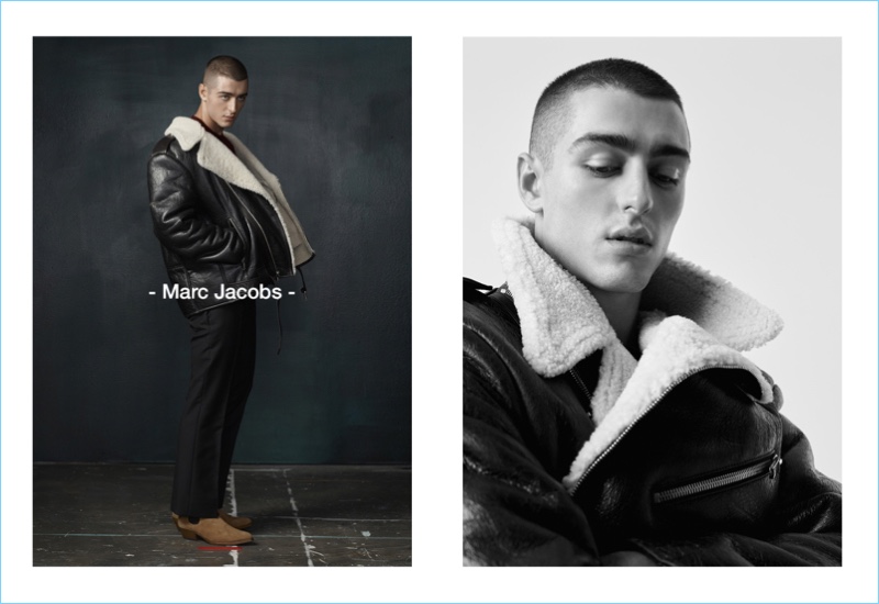 Sporting a Marc Jacobs leather and shearling jacket, Andrés Sanjuan connects with Simons.