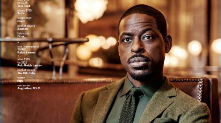 Embracing fall neutrals, Sterling K. Brown wears a sharp three-piece suit b Ralph Lauren. He also sports a shirt and tie by POLO Ralph Lauren.