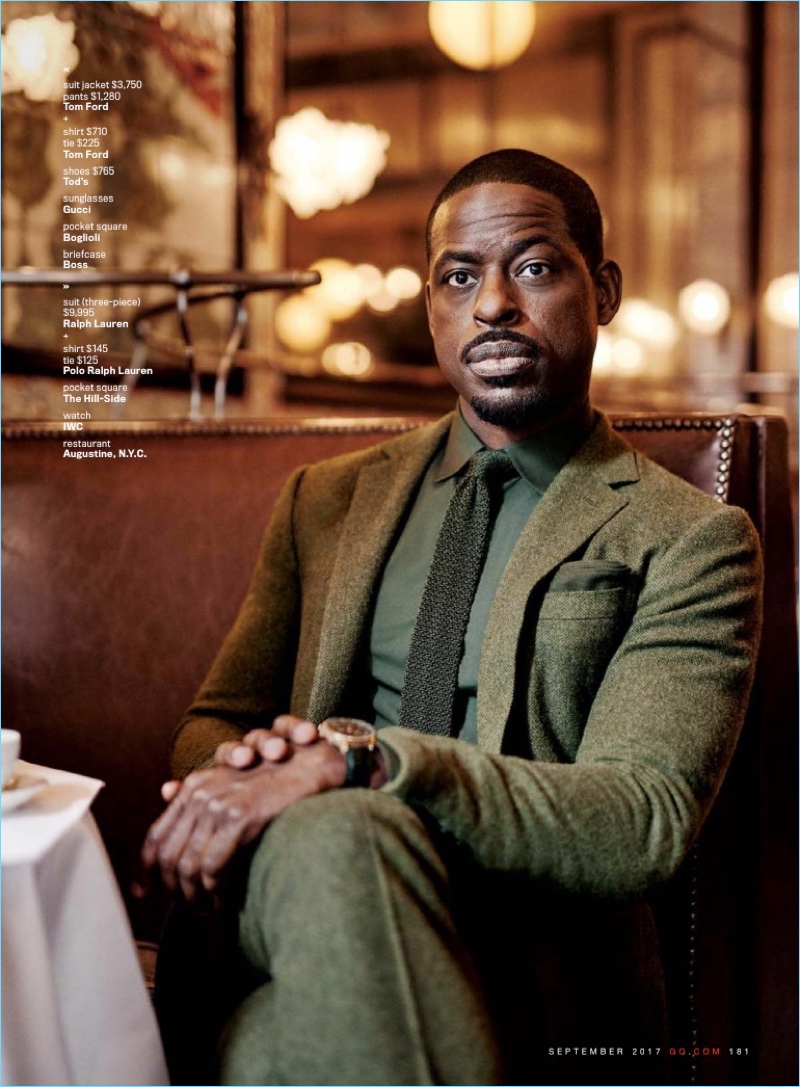 Embracing fall neutrals, Sterling K. Brown wears a sharp three-piece suit b Ralph Lauren. He also sports a shirt and tie by POLO Ralph Lauren.