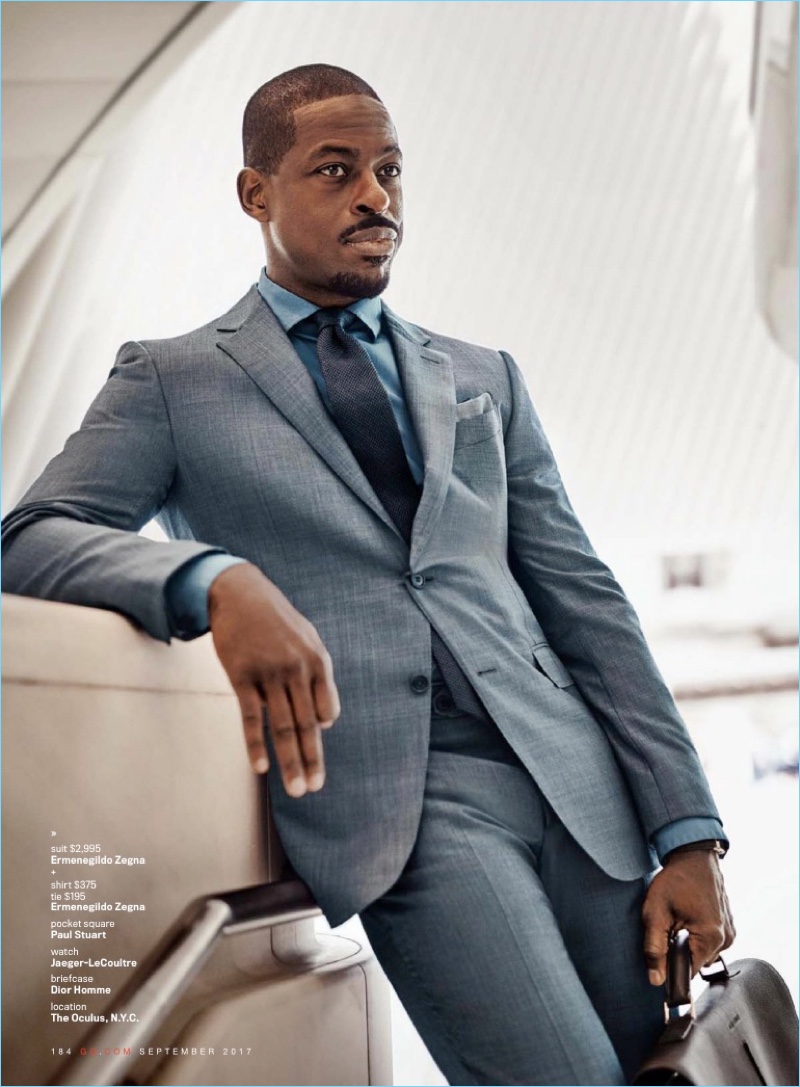 Donning a grey Ermenegildo Zegna suit, Sterling K. Brown connects with GQ.