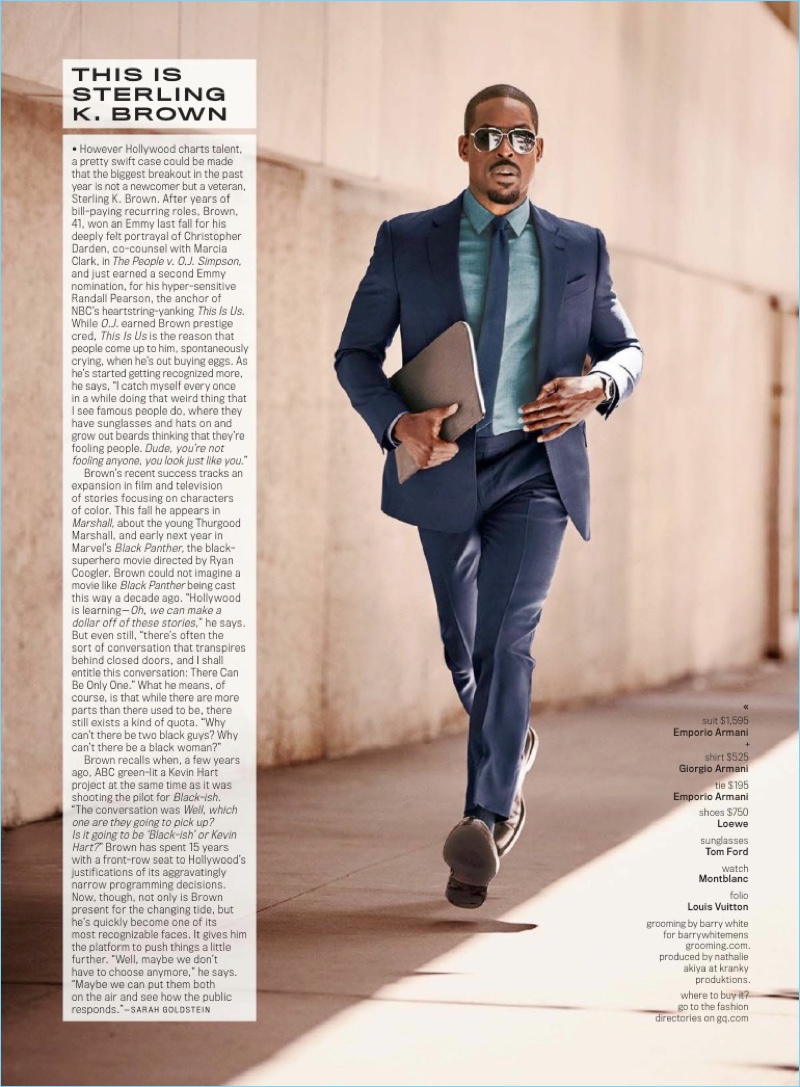 On the move, Sterling K. Brown wears an Emporio Armani suit with a Giorgio Armani shirt and Tom Ford sunglasses.