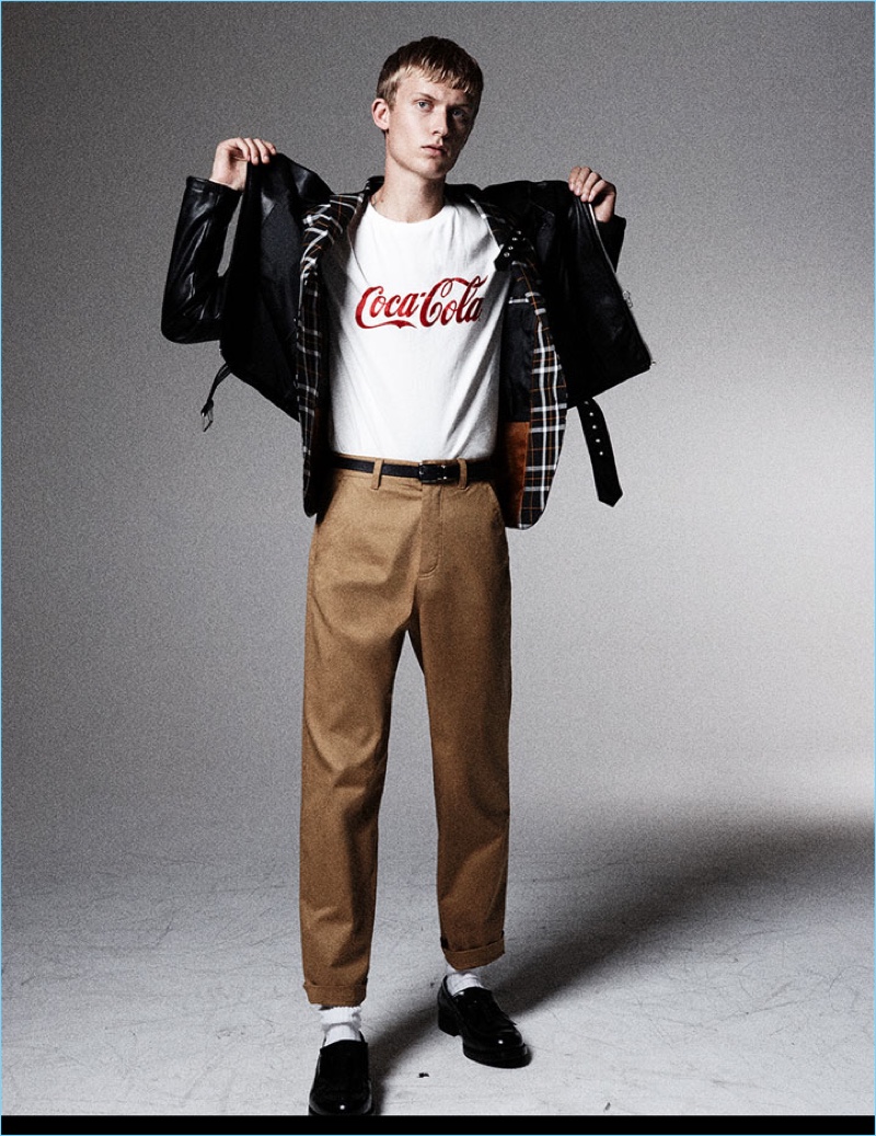 The Biker Jacket: Channeling 1958 Los Angeles, Zara makes a case for the leather biker jacket.  Here, it's paired with cropped trousers and a Coca-Cola tee.