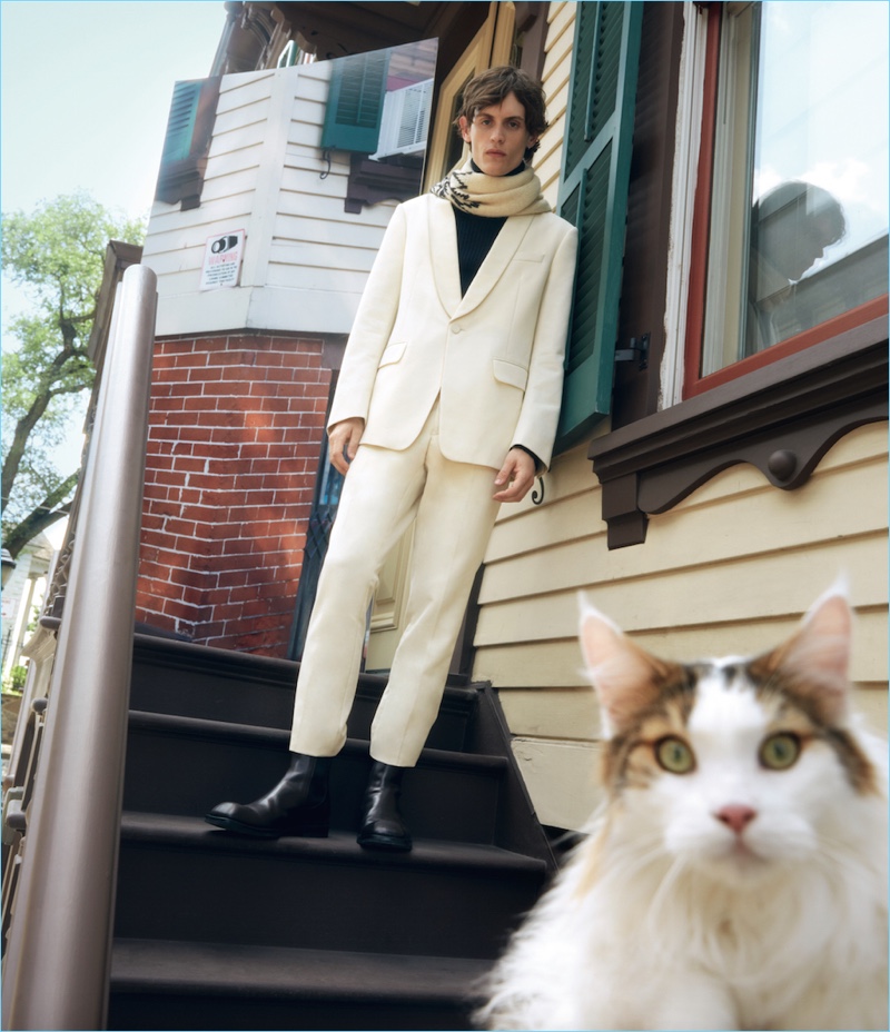 Jakub Pastor wears Dries Van Noten for Barneys' fall-winter 2017 campaign.