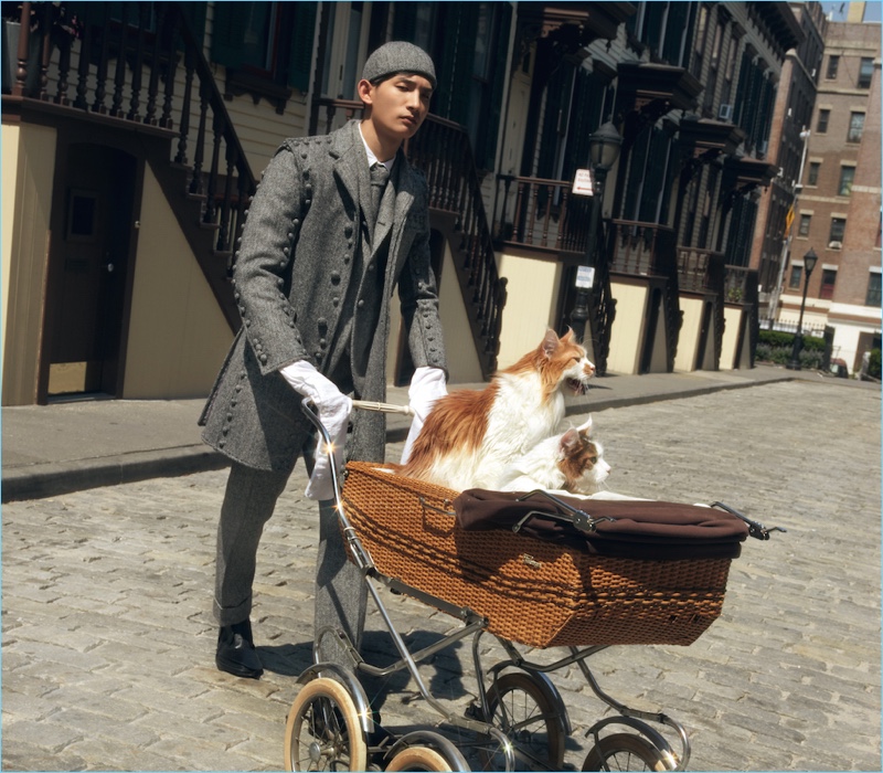 Donning Thom Browne, Sup Park appears in Barneys' fall-winter 2017 campaign.