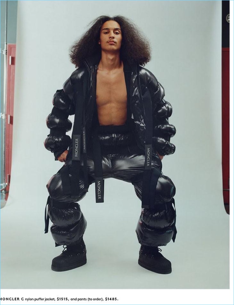 Taj Figueroa wears a puffer jacket and pants by Moncler.