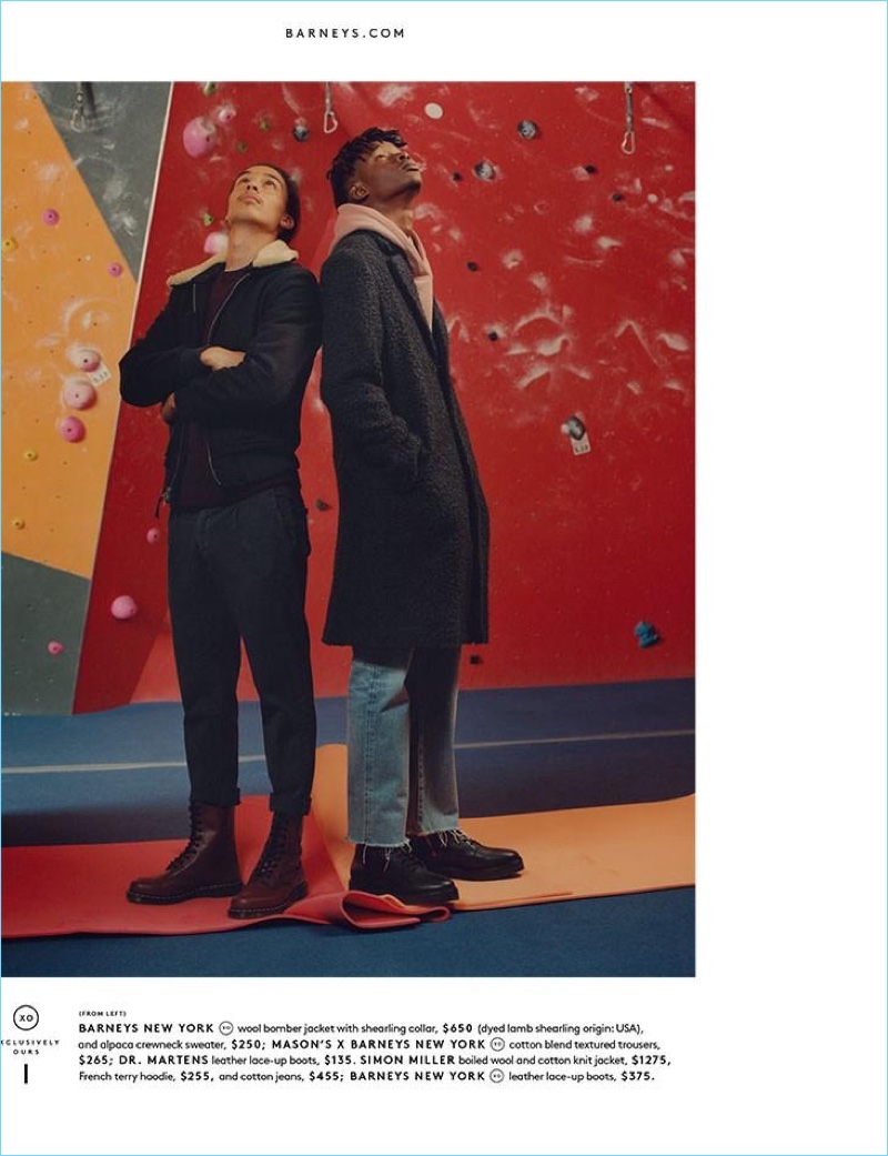 Left: Taj Figueroa models a Barneys New York wool bomber jacket and sweater. The model also rocks Mason's x Barneys New York trousers and Dr Martens boots. Right: Abdulaye Niang wears a Simon Miller coat, denim jeans, and French terry hoodie. He also sports Barneys New York leather boots. 