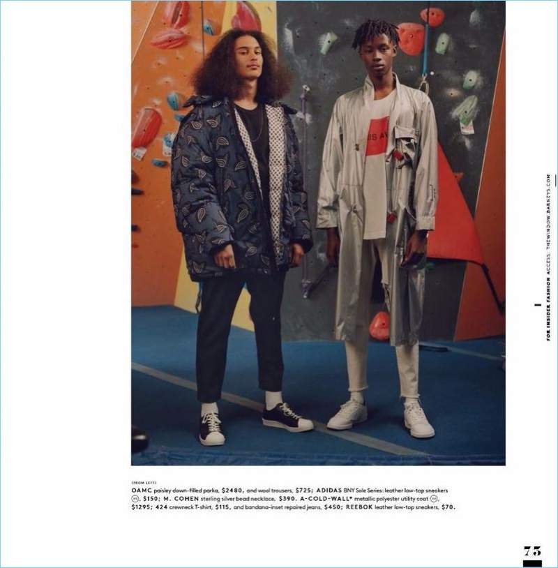 Pictured left, Taj Figureoa sports an OAMC paisley print parka with wool trousers. He also rocks Adidas BNY Sole sneakers. Meanwhile, Abdulaye Niang dons A-Cold-Wall metallic utility coat, t-shirt, and jeans with Reebok sneakers.