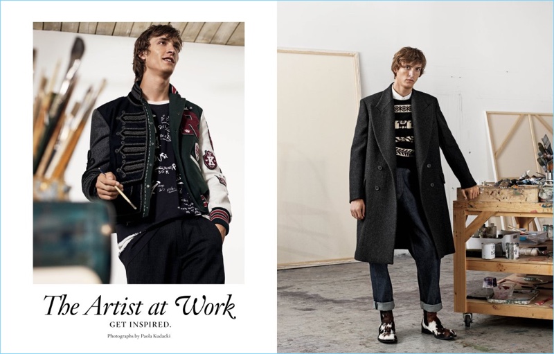 The Artist at Work: Left, Tim Dibble wears a fall-winter 2017 look by Dolce & Gabbana. Right, Tim models Dries Van Noten.