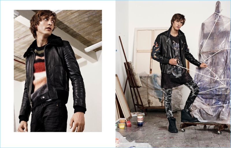 Cool in Leather: Left, Tim Dibble rocks a leather jacket and other pieces by Saint Laurent. Right, Tim sports modern proportions from Balmain.
