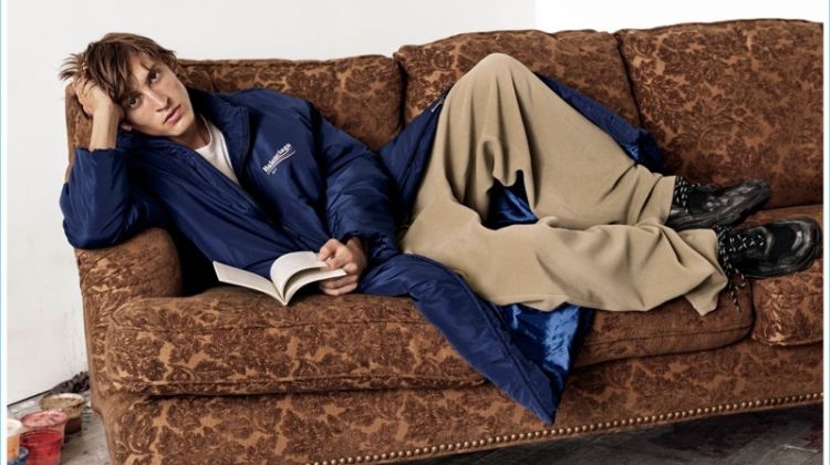 Serious Style: Tim Dibble lounges in a look from Balenciaga.
