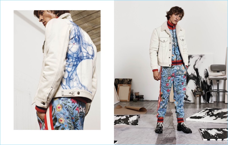Sporty Luxe: A cool vision, Tim Dibble wears a Gucci tracksuit with a denim jacket.
