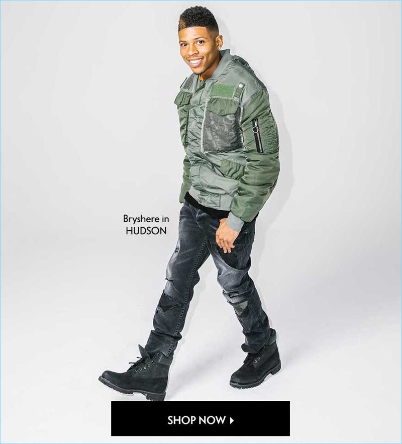 Bryshere "Yazz" Gray wears a Hudson bomber jacket $425 and skinny jeans $255.