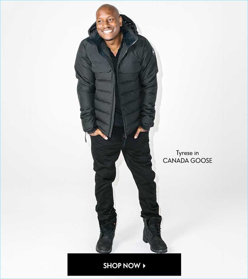 Prepared for winter, Tyrese sports a Canada Goose hooded down parka $950.