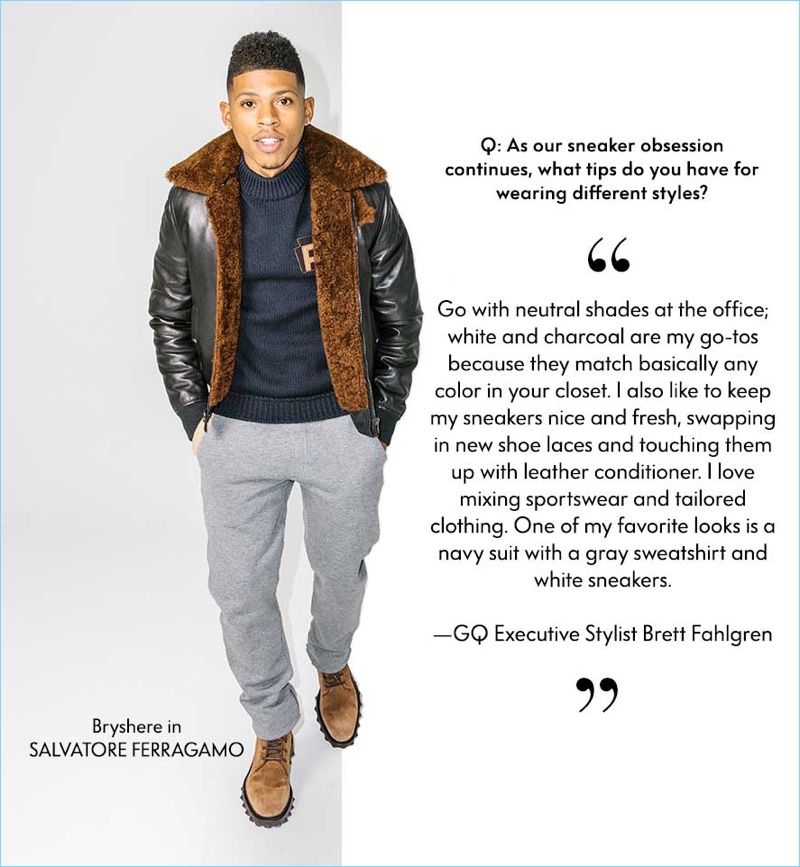 Decked out in Salvatore Ferragamo, Bryshere "Yazz" Gray wears a sweater $690 with a shearling-lined leather bomber jacket $4,300. He also wears knit sweatpants $670 and suede work boots $895.