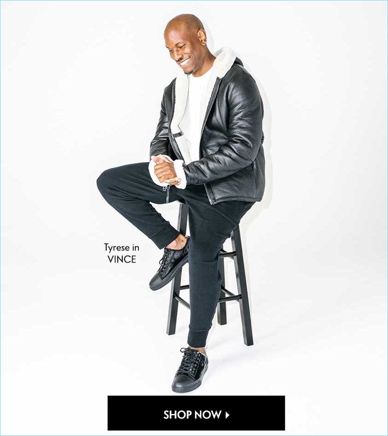 Sitting for a picture, Tyrese wears a Vince sweatshirt $195 and jogger pants $195. The entertainer also sports a Vince shearling fur and leather hoodie $1,695 with velvet sneakers $295.