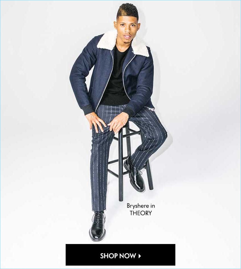 Taking to the studio, Bryshere "Yazz" Gray wears a Theory bomber jacket $695 and striped trousers $345.