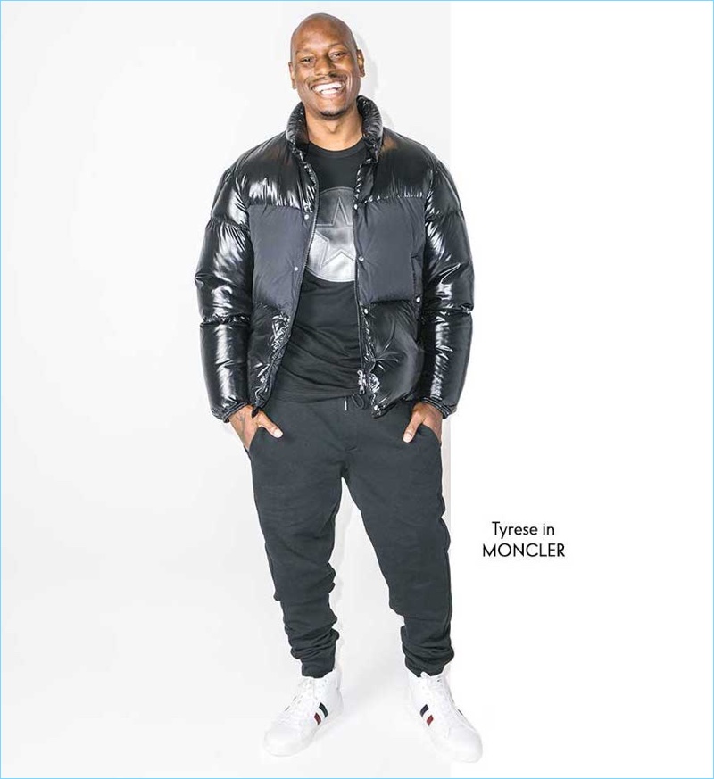 Dressed for cold weather, Tyrese sports a Moncler puffer jacket $1,350 and joggers $320.